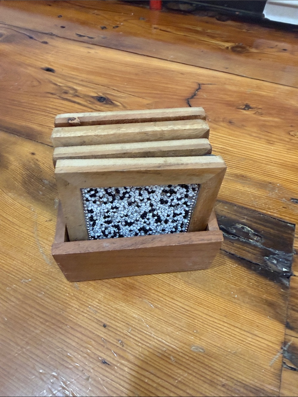 Wood 4pc Square Coaster Set w/ Holder Rack, Rustic Brown White Black Beaded